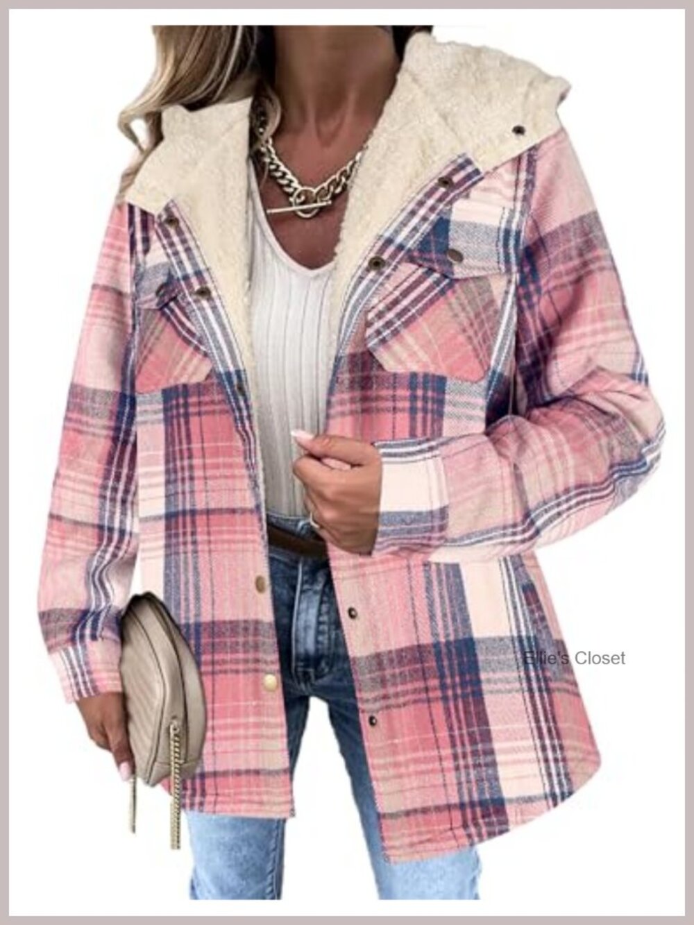 Women's Sherpa Lined Plaid Flannel Jacket Hooded Oversized Shacket with Pockets